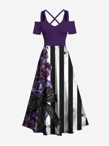 Plus Size Rose Flower Bowknot Ink Painting Zebra Striped Print Hawaii Cold Shoulder Crisscross A Line Maxi Dress - PURPLE - 3X