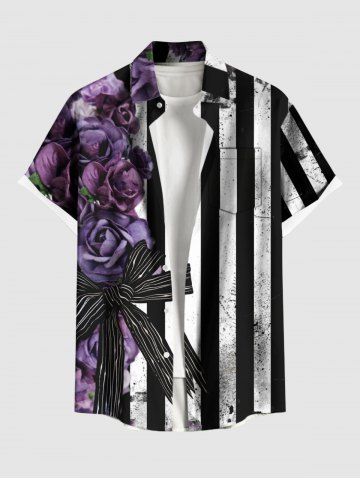 Plus Size Rose Flower Bowknot Ink Painting Zebra Striped Print Hawaii Button Pocket Shirt For Men - PURPLE - S
