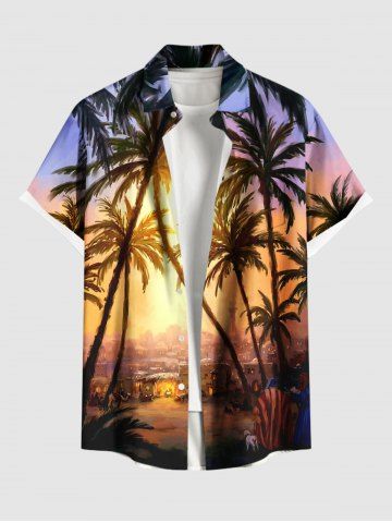 Plus Size Coconut Tree Ombre Sunset Print Hawaii Button Pocket Shirt For Men - YELLOW - 6XL