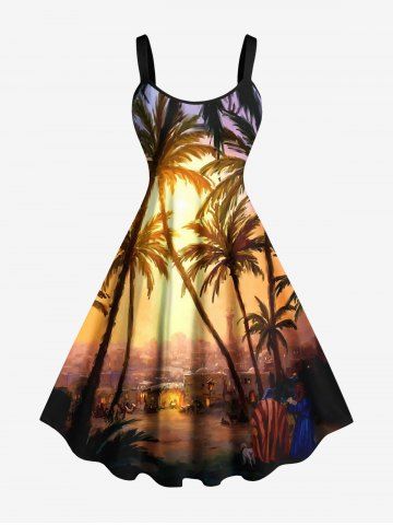 Plus Size Coconut Tree Ombre Sunset Print Hawaii A Line Tank Dress - YELLOW - M
