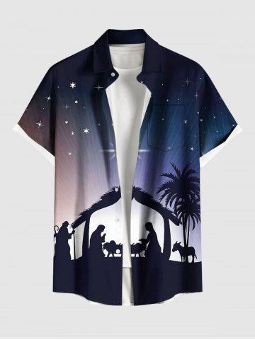 Plus Size Christmas Nativity of Jesus Coconut Tree Glitter Stars Ombre Galaxy Print Button Pocket Shirt For Men - NAVY BLUE - 3XL