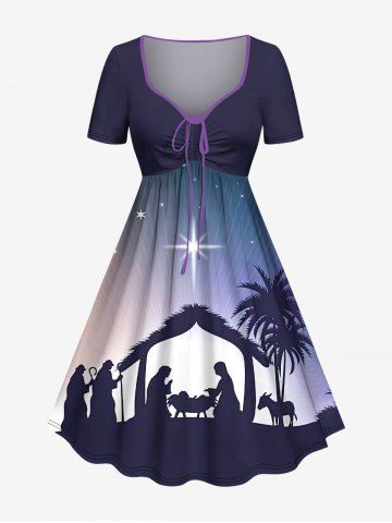 Plus Size Christmas Nativity of Jesus Coconut Tree Glitter Stars Ombre Galaxy Print Cinched A Line Dress - NAVY BLUE - XS