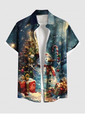 Plus Size Christmas Tree Snowman Star Gift Box Star Print Buttons Pocket Shirt For Men - GREEN - L