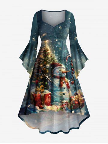 Plus Size Christmas Tree Snowman Star Gift Box Star Print Ruched Flare Sleeves High Low Dress - GREEN - M