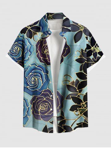 Chemise hawaïenne à imprimé ombré rose et feuilles, grande taille, poche boutonnée, pour hommes - GREEN - 4XL