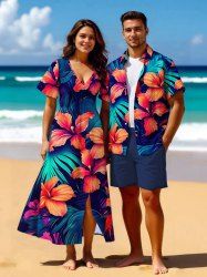 Hibiscus Flowers Tropical Leaf Print Plus Size Matching Hawaii Beach Outfit For Couples -  