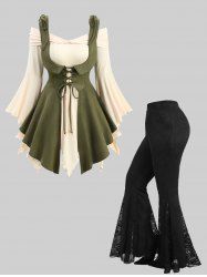 Flare Sleeves Off The Shoulder Top With Lace Up Vest and Floral Flare Pants Plus Size Outfit -  