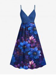 Robe camisole hawaïenne à surplis et imprimé étoiles et fleurs grande taille - Bleu Marine XS