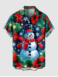 Chemise de Noël grande taille à boutons et poches pour homme, motif bonhomme de neige, flocon de neige et feuilles de fruits - Vert 4XL