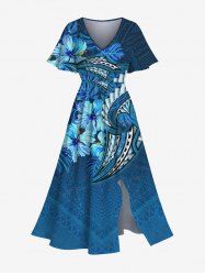 Robe mi-longue hawaïenne fendue à imprimé feuilles tropicales et fleurs d'hibiscus grande taille - Bleu Ciel 3X
