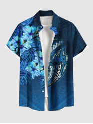 Plus Size Hibiscus Flowers Tropical Leaf Print Buttons Pocket Hawaii Shirt For Men -  