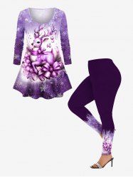 Christmas Elk Snowflake Bell Bowknot Floral Print Ombre Long Sleeves T-shirt and Leggings Plus Size Matching Set -  
