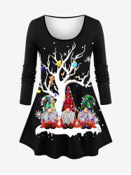 Plus Size Christmas Tree Ball Gingerbread Hat Dwarfs Snowflake Print Long Sleeves T-shirt -  