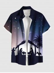 Chemise homme grande taille à poche boutonnée, motif crèche de Noël, cocotier, étoiles pailletées et dégradé galaxie, avec cocotier et sapin. Imprimé cocotier et étoiles scintillantes. Motif galaxie ombrée. Motif grande taille. Motif grande taille. Motif grande taille. Poche boutonnée. Motif grande taille ... - Bleu Marine 2XL