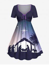 Robe trapèze grande taille à motif de Noël, cocotier, étoiles pailletées et dégradé galaxie, coupe trapèze cintrée, avec motif de la Nativité et de la Nativité de Jésus. - Bleu Marine 6X