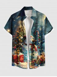 Chemise grande taille pour homme avec sapin de Noël, bonhomme de neige et étoiles, boîte cadeau, imprimé étoiles, boutons et poche. - Vert S