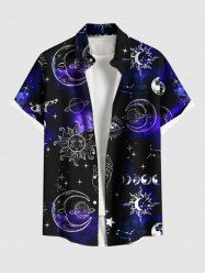 Plus Size Sun Moon Planet Galaxy Print Button Pocket Shirt For Men -  