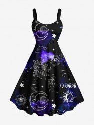 Robe débardeur grande taille imprimée soleil, lune, planètes et galaxie - Bleu Ciel L