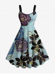 Plus Size Rose Flower Leaf Ombre Print Hawaii A Line Tank Dress -  