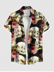 Plus Size Rose Flower Skull Butterfly Print Buttons Pocket Shirt For Men - Noir L