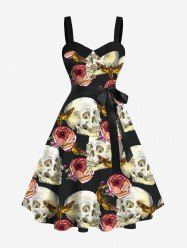 Plus Size Rose Flower Skull Butterfly Print Button A Line Dress with Removable Belt -  