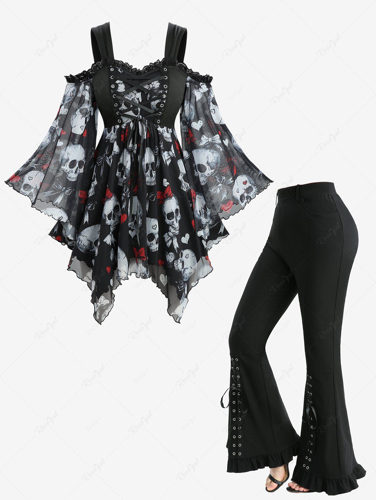 Best Skull Bowknot Heart Print Handkerchief Top and Lace Up Pocket Ruffles Flare Pants Plus Size Outfit  