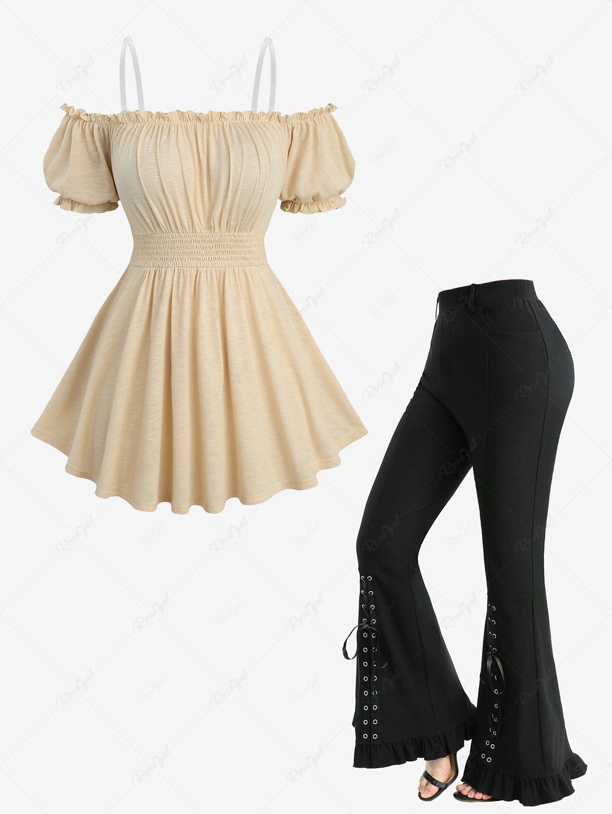 Cheap Ruched Bust Elastic Waist Top and Lace Up Pockets Ruffles Flare Pants Plus Size Outfit  