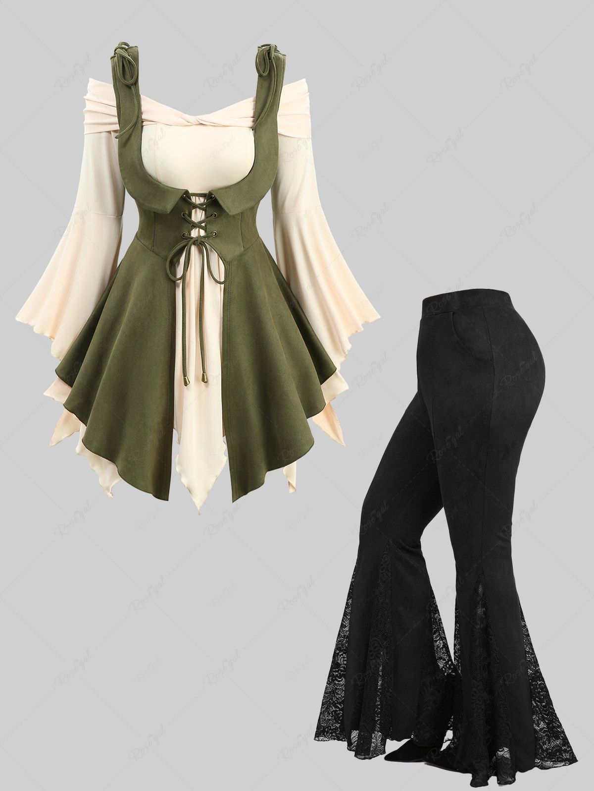 New Flare Sleeves Off The Shoulder Top With Lace Up Vest and Floral Flare Pants Plus Size Outfit  