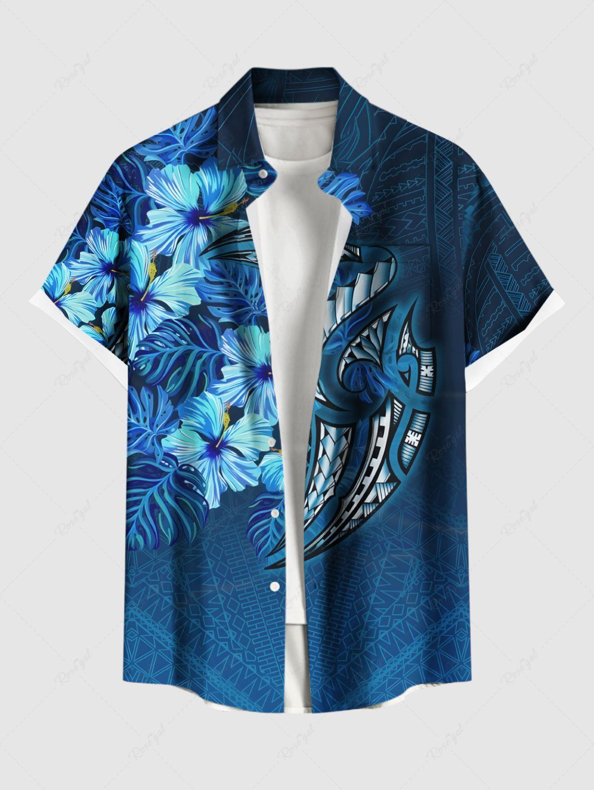 Chemise hawaïenne grande taille à imprimé feuilles tropicales et fleurs d'hibiscus, avec poches et boutons, pour homme Bleu Ciel 6XL
