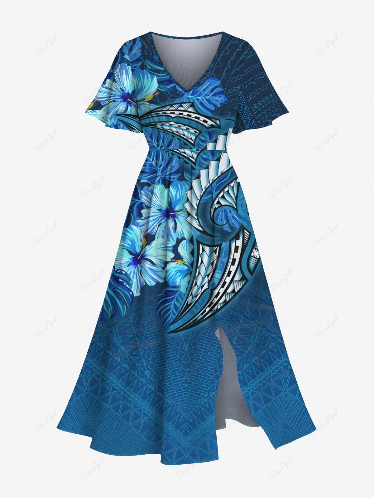 Robe mi-longue hawaïenne fendue à imprimé feuilles tropicales et fleurs d'hibiscus grande taille Bleu Ciel 6X