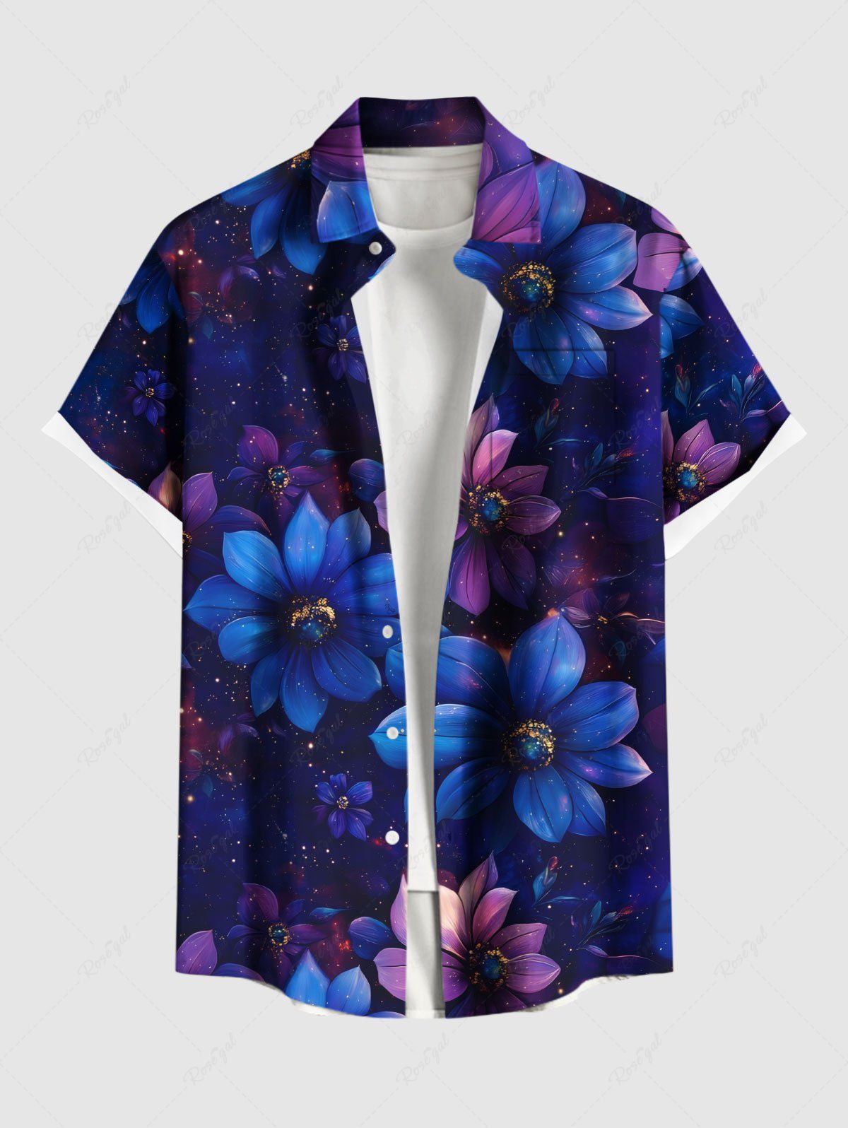 Chemise hawaïenne grande taille à imprimé floral, galaxie, étoiles, boutons, poches pour homme Bleu Marine XL
