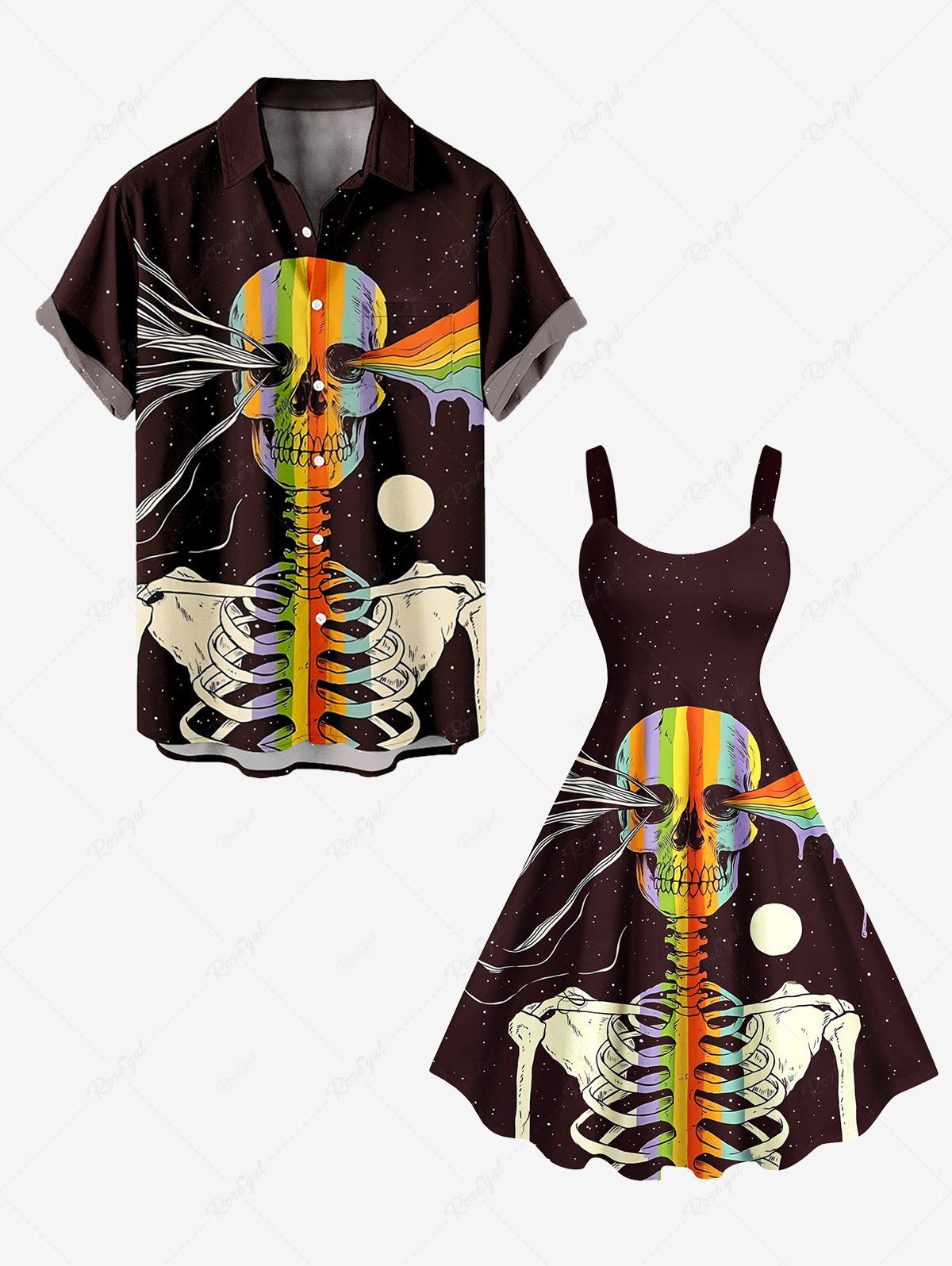 Outfit Colorful Skeleton Galaxy Print Plus Size Matching Outfit For Couples  