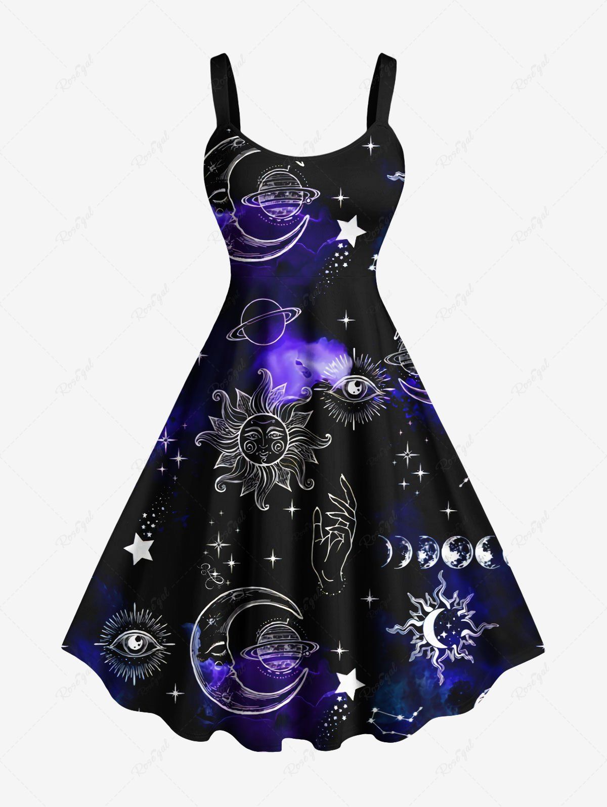 Latest Plus Size Sun Moon Planet Galaxy Print A Line Tank Dress  