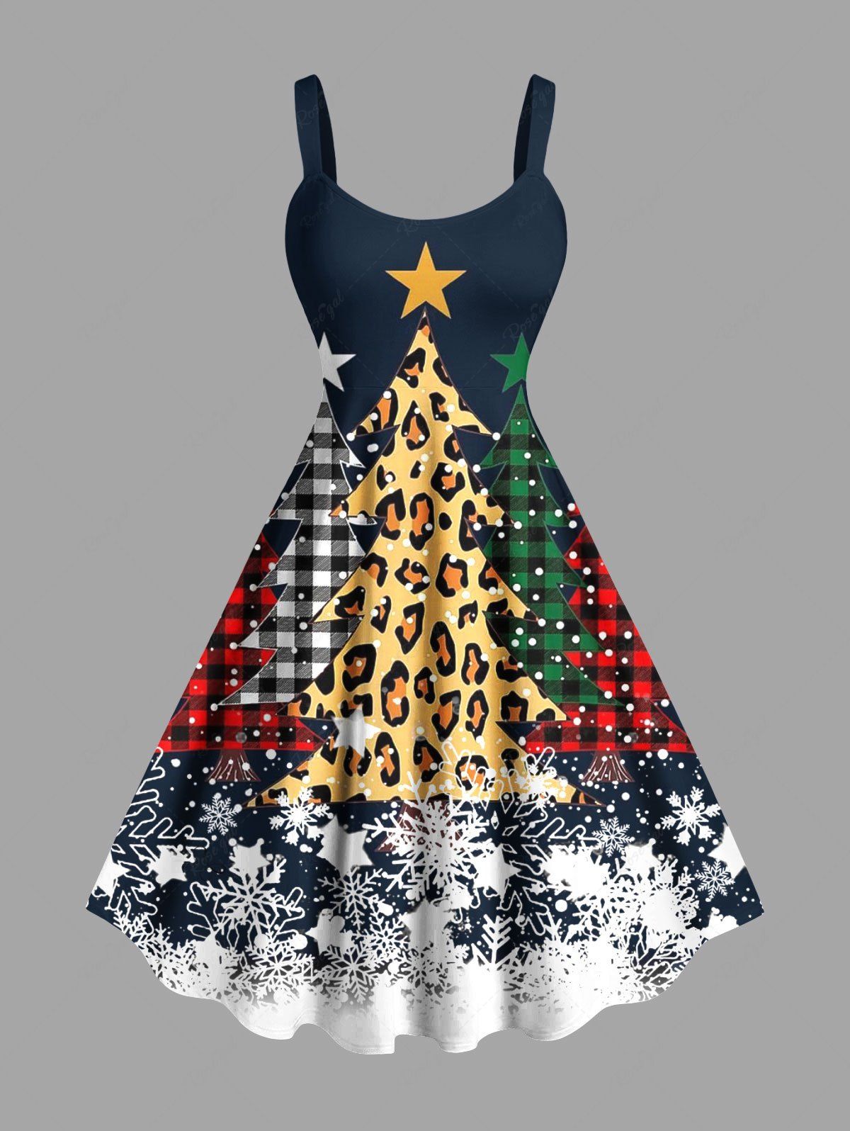 Robe débardeur trapèze grande taille à imprimé léopard et flocons de neige et sapin de Noël Bleu Marine 2X