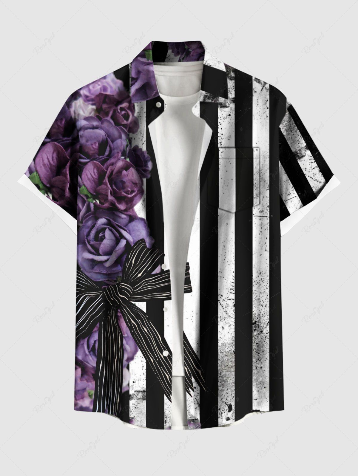 Chemise hawaïenne grande taille à imprimé zèbre et rayures, avec nœud papillon et fleurs roses, avec poche boutonnée et motif zèbre Pourpre  2XL