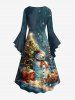 Plus Size Christmas Tree Snowman Star Gift Box Star Print Ruched Flare Sleeves High Low Dress -  