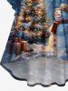 Plus Size Christmas Tree Snowman Snowflake Light Bell Print Ruched Flare Sleeves High Low Dress -  