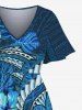 Robe mi-longue hawaïenne fendue à imprimé feuilles tropicales et fleurs d'hibiscus grande taille - Bleu Ciel 3X