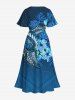 Robe mi-longue hawaïenne fendue à imprimé feuilles tropicales et fleurs d'hibiscus grande taille - Bleu Ciel 6X