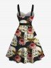 Plus Size Rose Flower Skull Butterfly Print Button A Line Dress with Removable Belt -  
