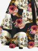 Plus Size Rose Flower Skull Butterfly Print Button A Line Dress with Removable Belt -  