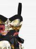 Plus Size Rose Flower Skull Butterfly Print Button A Line Dress with Removable Belt -  