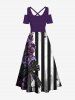 Plus Size Rose Flower Bowknot Ink Painting Zebra Striped Print Hawaii Cold Shoulder Crisscross A Line Maxi Dress -  