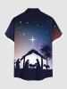 Chemise homme grande taille à poche boutonnée, motif crèche de Noël, cocotier, étoiles pailletées et dégradé galaxie, avec cocotier et sapin. Imprimé cocotier et étoiles scintillantes. Motif galaxie ombrée. Motif grande taille. Motif grande taille. Motif grande taille. Poche boutonnée. Motif grande taille ... - Bleu Marine 2XL