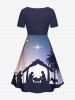 Robe trapèze grande taille à motif de Noël, cocotier, étoiles pailletées et dégradé galaxie, coupe trapèze cintrée, avec motif de la Nativité et de la Nativité de Jésus. - Bleu Marine 5X