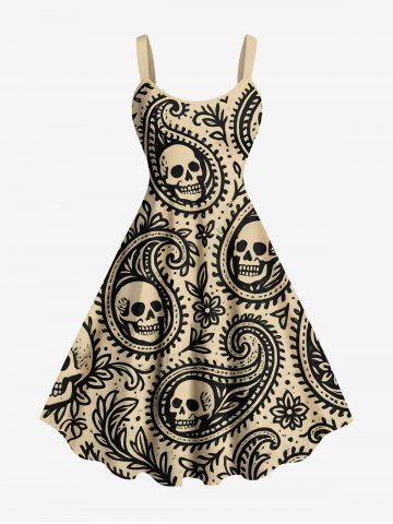 Plus Size Halloween Paisley Flower Skulls Print Tank Dress - TAN - 3X