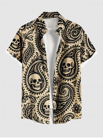 Plus Size Halloween Paisley Flower Skulls Print Buttons Pocket Shirt For Men - TAN - 2XL