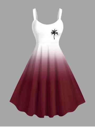 Plus Size Coconut Tree Ombre Colorblock Print Hawaii Tank Dress - RED - 2X