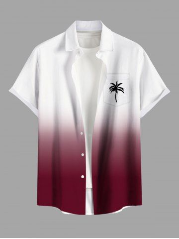 Plus Size Coconut Tree Ombre Colorblock Print Buttons Pocket Hawaii Shirt For Men - RED - 3XL