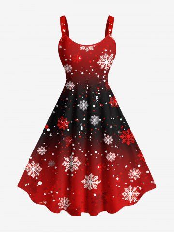 Plus Size Christmas Snowflake Ombre Colorblock Print Tank Dress - RED - XS